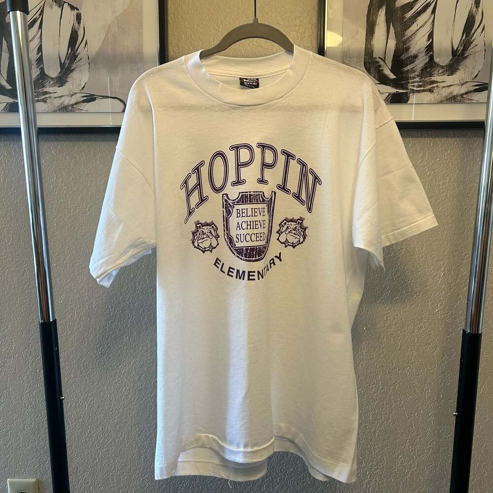 Vintage Hoppin Elementary School T-Shirt XL White Believe Achieve Succeed H8